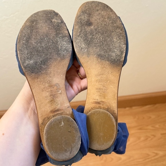 Fendi Flats Sandals Suede & Chiffon Tulle Mesh Ankle Wrap Bow Size EU 37 US 7 - Picture 6 of 11